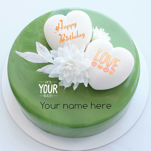 Green Color Happy Birthday Cake With Heart For Love