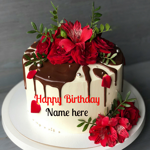  Flower Birthday Cake With Chocolate Sauce Topping
