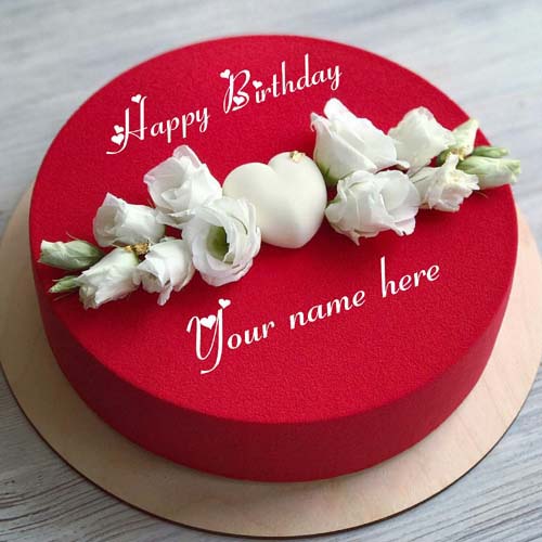 Red Velvet Rose Flower Birthday Cake With Name On It
