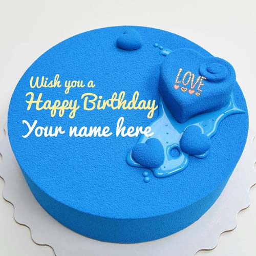 Blue Velvet Heart Birthday Cake With Name On It